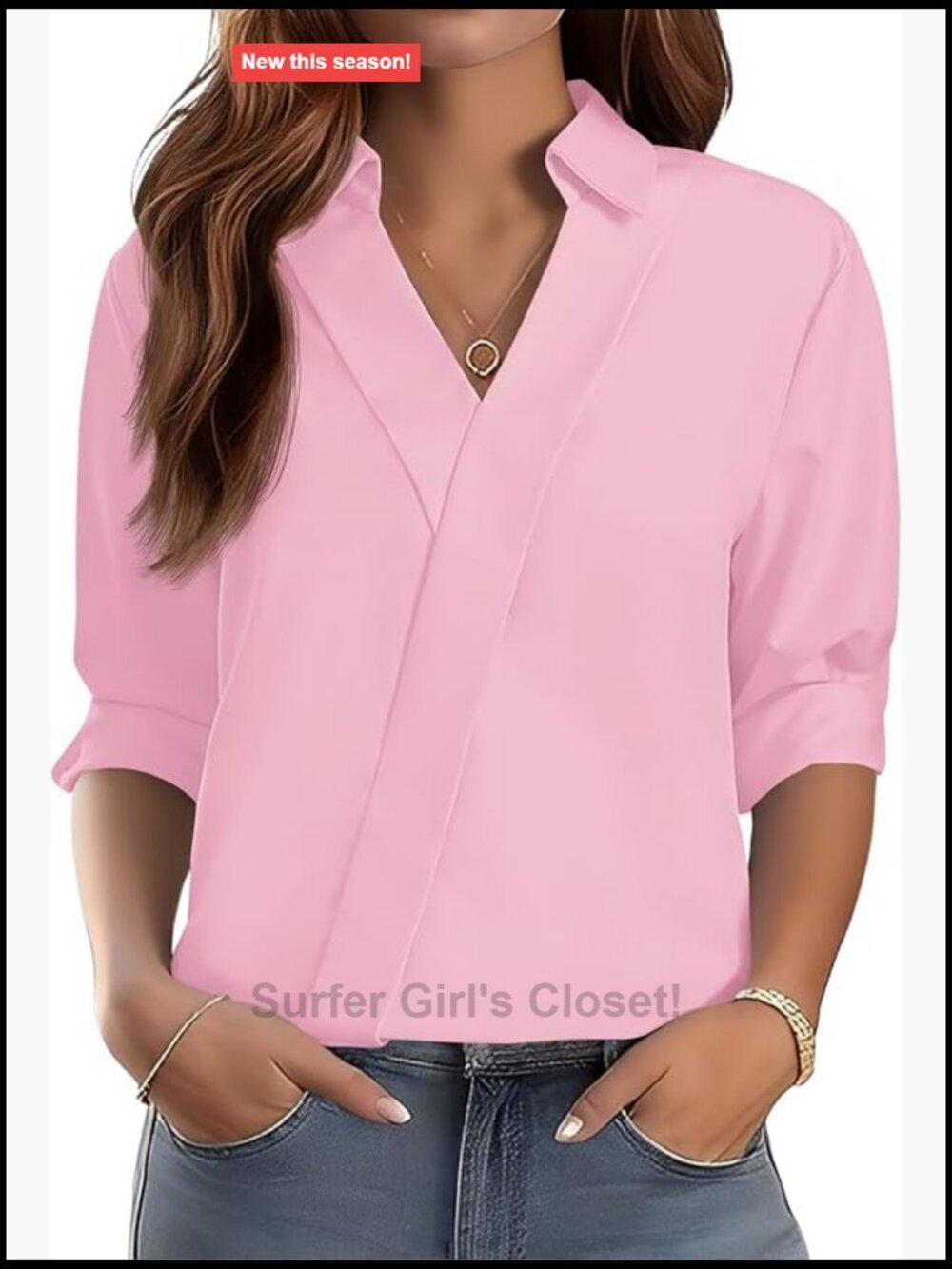 3/4 Sleeve V Neck Collared Dress Shirt Blouses for Women